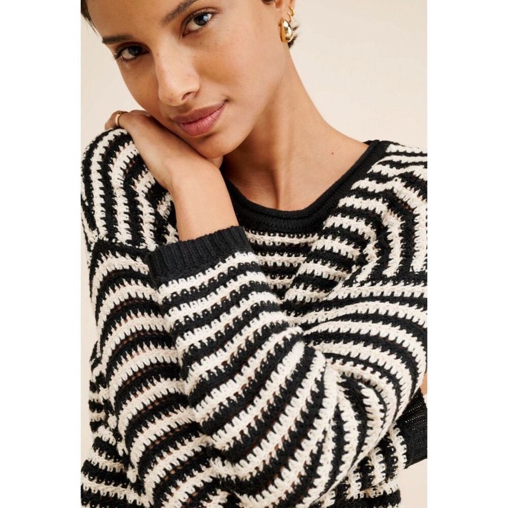 Little Lies Size L Orla Crewneck Sweater Striped Crochet Relaxed - Picture 6 of 10